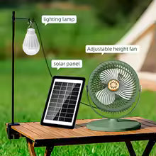 Solar Fan with LED Light, 5-Speed, 4-Height Adjustable, Portable Floor Fan for Camping, Hiking, Home, Office, USB/Solar Charging