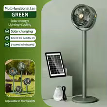 Solar Fan with LED Light, 5-Speed, 4-Height Adjustable, Portable Floor Fan for Camping, Hiking, Home, Office, USB/Solar Charging
