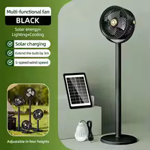 Solar Fan with LED Light, 5-Speed, 4-Height Adjustable, Portable Floor Fan for Camping, Hiking, Home, Office, USB/Solar Charging