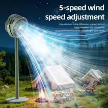 Solar Fan with LED Light, 5-Speed, 4-Height Adjustable, Portable Floor Fan for Camping, Hiking, Home, Office, USB/Solar Charging